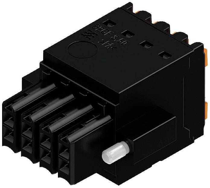Ein schwarzer, rechteckiger Steckverbinder mit mehreren Anschlüssen und einer kleinen, herausragenden weißen Komponente.