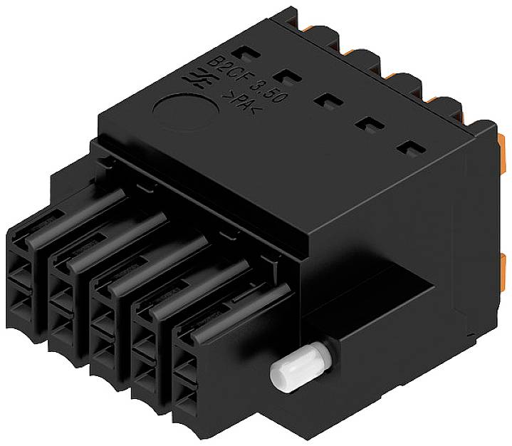 Schwarzer elektrischer Stecker mit mehreren Anschlüssen und einem weißen Hebel an der Seite. Geeignet für industrielle Anwendungen.