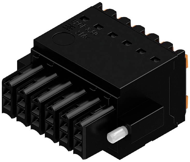 Schwarzer, rechteckiger Kunststoffstecker mit mehreren Anschlussstiften. Verwendet für elektrische Verbindungen in technischen Geräten.