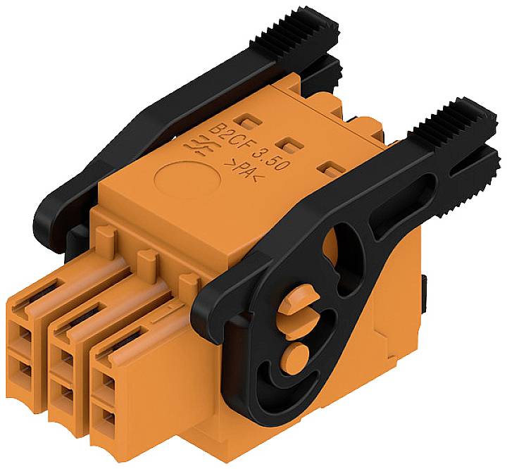 Ein orangefarbener Steckverbinder mit schwarzem Verriegelungsmechanismus, geeignet für elektrische Verbindungen in technischen Anwendungen.