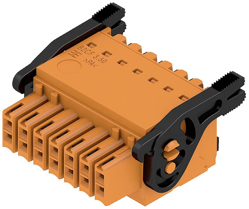 Eine orange Steckverbinderkomponente mit schwarzen Clips zur Befestigung, geeignet für elektrische Verbindungen, mit mehreren Anschlussstellen.