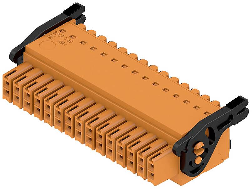 Ein orangefarbener elektrischer Steckverbinder mit mehreren Pins und schwarzen Endstücken, verwendet zur Verbindung elektronischer Geräte.