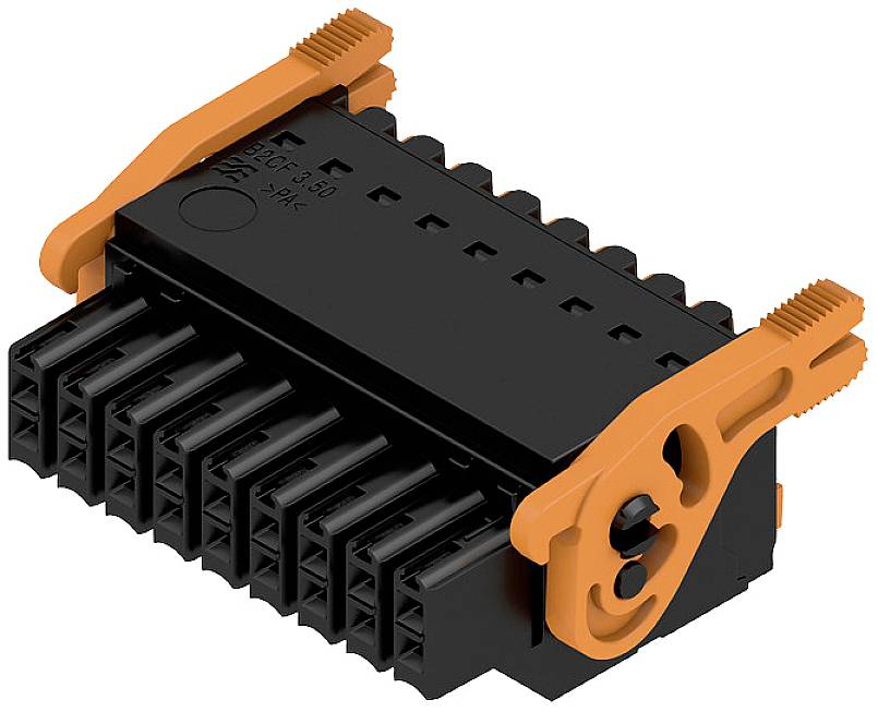 Schwarzer elektrischer Stecker mit orangen Verriegelungen an den Seiten, zum Verbinden von Kabeln in elektrischen Geräten.