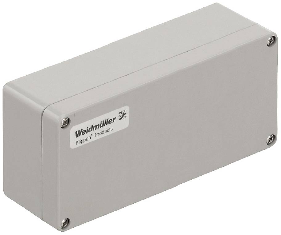 Rechteckiges graues Gehäuse mit der Aufschrift 'Weidmüller Klippon Products'. Verwendet für den Schutz von elektrischen Komponenten.