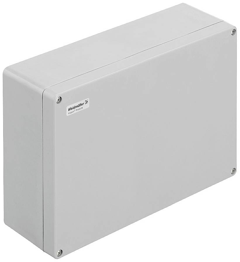 Ein rechteckiger grauer Sicherungskasten mit Schrauben an den Ecken, markiert mit einem kleinen Etikett oben links.