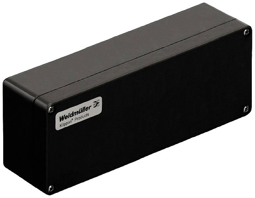 Rechteckiges schwarzes Gehäuse mit Etikett 'Weidmüller Klippon Products'. Einsatz zur Elektronikunterbringung.