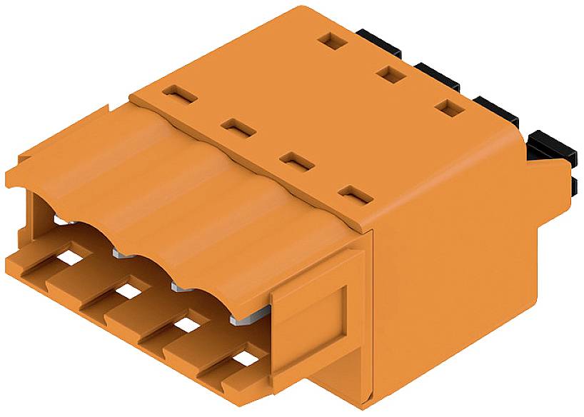 Ein orangefarbener, rechteckiger Kunststoff-Stecker mit mehreren Steckplätzen.