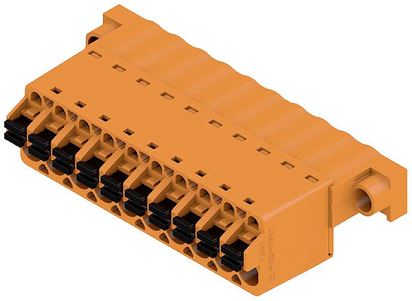 Ein orangefarbener Steckverbinder mit mehreren Anschlüssen. Geeignet für elektrische Verbindungen in technischen Anwendungen.