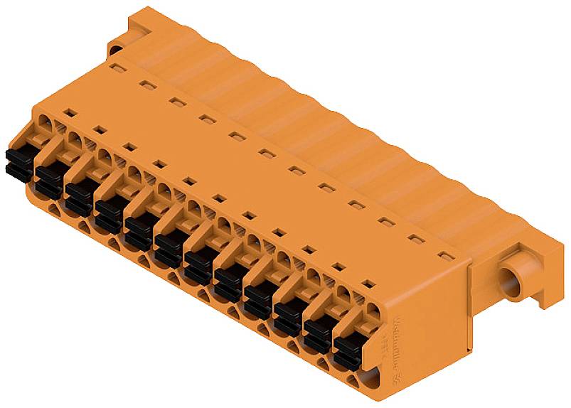 Elektrische Steckverbindung mit mehreren orangenen Anschlüssen und schwarzen Schaltern, verwendet in industriellen Anwendungen.