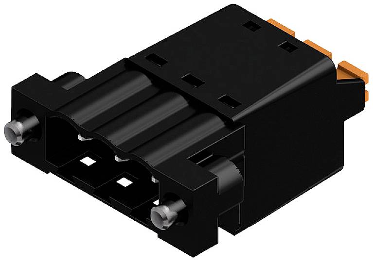 Ein schwarzer elektrischer Stecker mit zwei silbernen Anschlüssen und mehreren rechteckigen Öffnungen, Seitenansicht.
