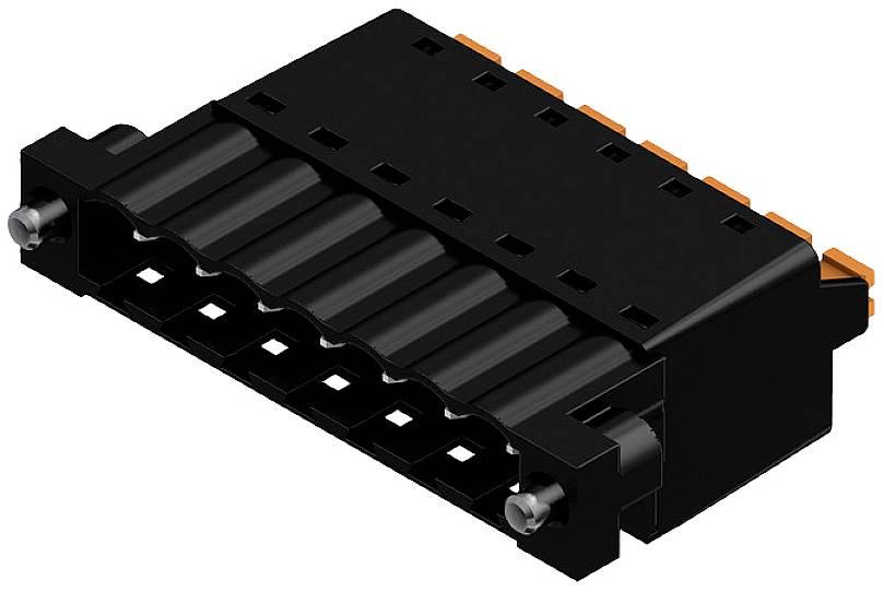 Schwarzer, rechteckiger Stecker mit mehreren Steckplätzen, orangefarbenen Details und zwei silbernen Befestigungselementen an den Seiten.