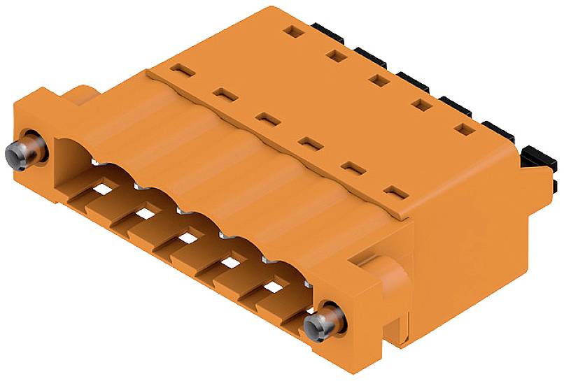 Oranger, rechteckiger elektrischer Stecker mit mehreren Kontakten in einer Reihe, geeignet für technische Anwendungen.