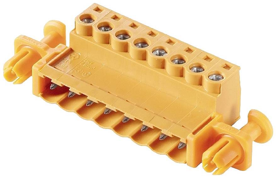 Oranges, rechteckiges Steckmodul mit acht Anschlussklemmen und Schraubenlöchern, verwendet für die elektrische Verbindung.
