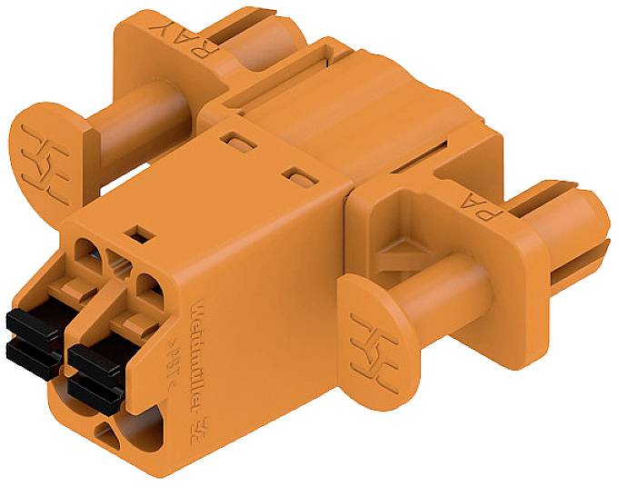 Oranger Kunststoffstecker mit mehreren Anschlusspins, geeignet für elektrische Verbindungen in industriellen Anwendungen.