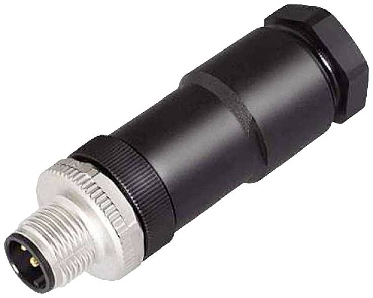 Ein schwarzer, zylindrischer Steckverbinder mit Metallgewinde und mehreren Kontaktstiften. Geeignet für industrielle Anwendungen.