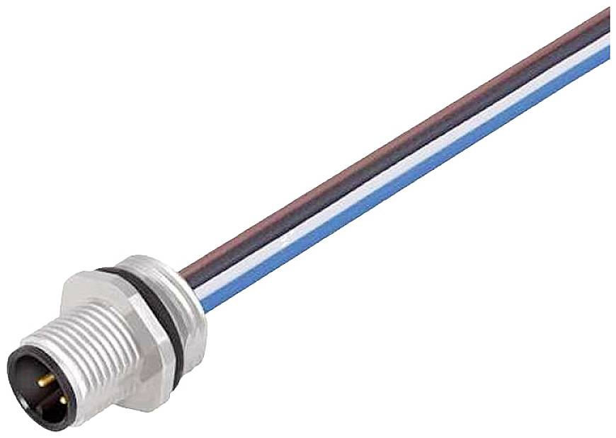 Ein Kabel mit einem Stecker, bestehend aus vier farbigen Drähten: braun, blau, schwarz und weiß.