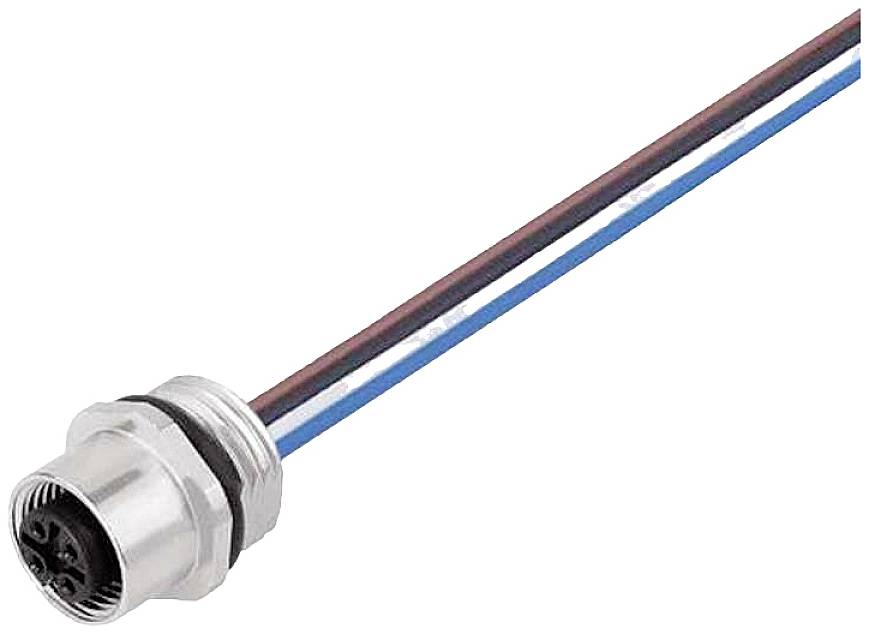 Ein elektrischer Rundsteckverbinder mit Metallgewinde und vierfarbigen Drähten in Rot, Braun, Blau und Schwarz. Geeignet für industrielle Anwendungen.