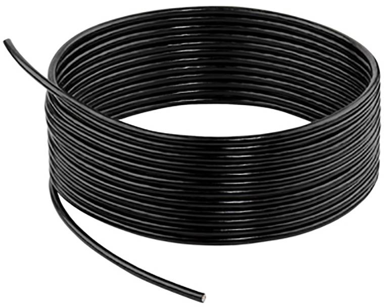 Eine Rolle schwarzes Kabel, lose gewickelt, auf einem weißen Hintergrund.