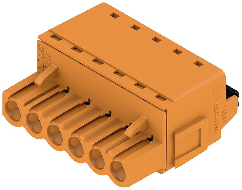Ein orangefarbener elektrischer Steckverbinder mit sechs Kontaktöffnungen, geeignet für die Verbindung von Leitungen in elektrischen Schaltungen.