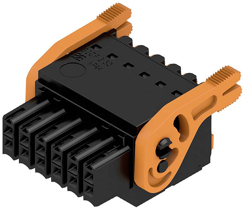 Schwarzer elektrischer Steckverbinder mit orangefarbenen Halteclips, 6-polig. Zum Anschließen von Kabeln und elektronischen Bauteilen geeignet.