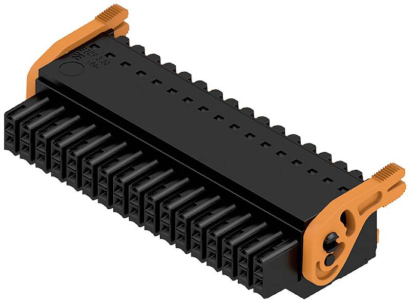 Schwarzer Steckverbinder mit orangefarbenen Verriegelungen an beiden Enden, hauptsächlich für elektrische Anwendungen gedacht.