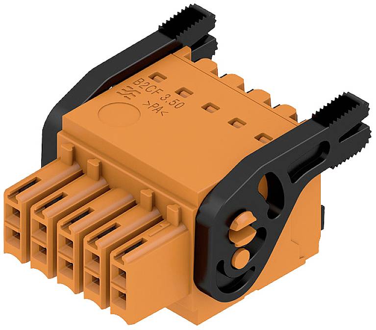 Ein orangefarbener elektrischer Steckverbinder mit mehreren Anschlüssen und schwarzem Clipsystem, geeignet für Montage in Leiterplatten.