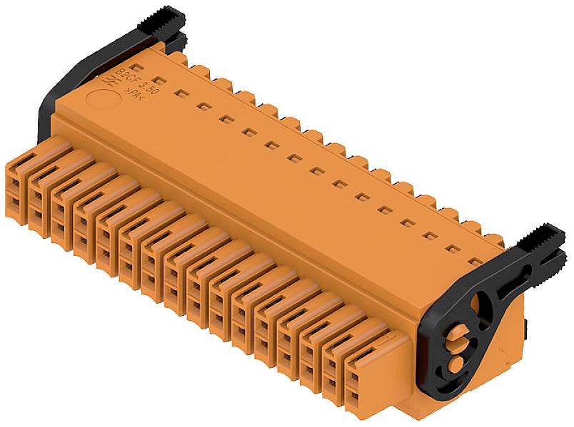 Ein oranger Steckverbinder mit zwei schwarzen Endstücken, geeignet für elektrische Verbindungen und Montage auf DIN-Schienen.