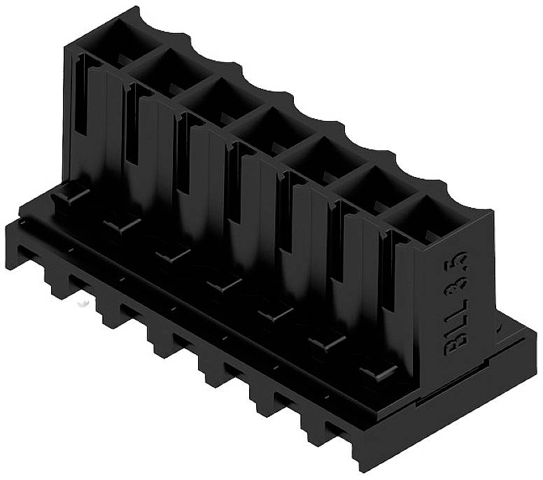Schwarze Kunststoffsteckerleiste mit mehreren Anschlussbuchsen, seitlich mit der Aufschrift 'BLL 3.5', zur elektrischen Verbindung.