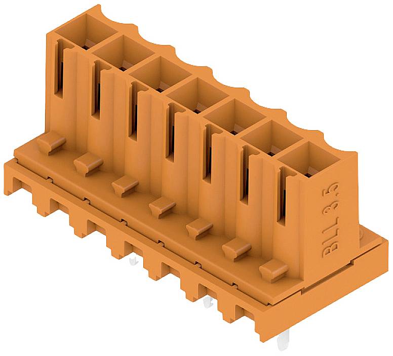 Orange Steckerblock mit sechs Steckplätzen, seitliche Anschlussklemmungen sichtbar. Technisches Bauteil für elektronische Verbindungen.