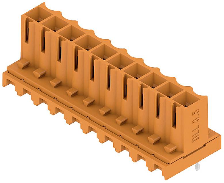 Ein orangefarbener elektrischer Steckverbinder mit zehn vertikalen Steckplätzen, Beschriftung 'BKL 3.5' an der Seite.