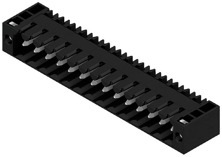 Ein schwarzer elektrischer Stecker mit vielen Pins in zwei parallelen Reihen.