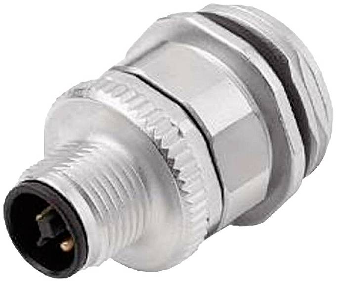 Ein metallischer Steckverbinder mit Gewinde und schwarzem Innenteil. Geeignet für die Verbindung von elektrischen Geräten.