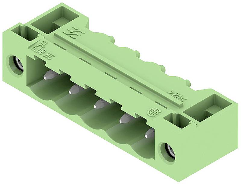Grün-grauer elektrischer Leiteranschlussblock mit fünf Kontaktpunkten, verwendet zur sicheren Verbindung von Drähten in elektrischen Geräten.