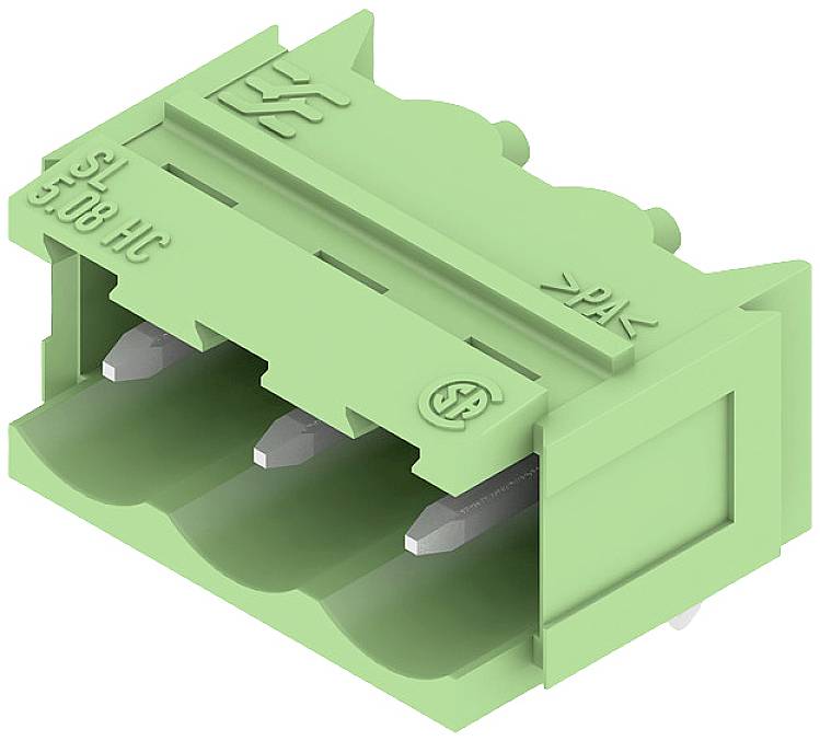 Grüner elektrischer Steckverbinder mit drei Anschlussöffnungen, markiert mit 'SL', '5/08 HC', und anderen Symbolen.