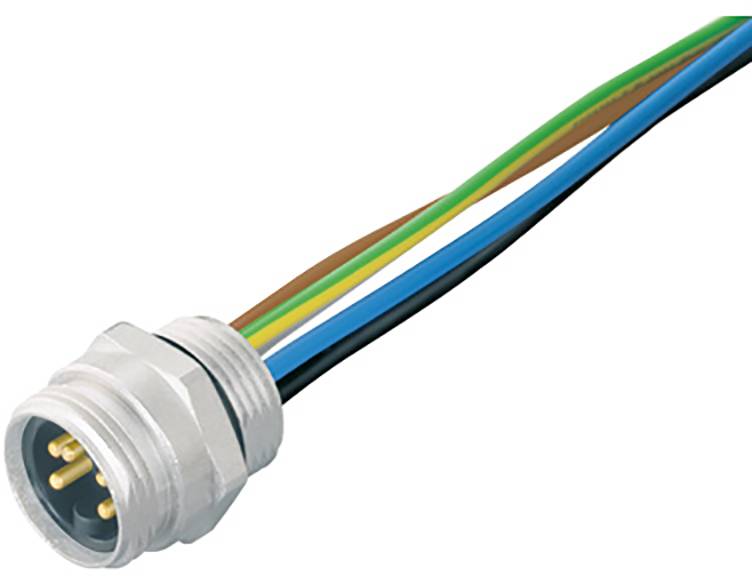 Ein mehradriges Kabel mit fünf farbigen Drähten (braun, blau, grün, gelb, schwarz) und einem runden Stecker am Ende.