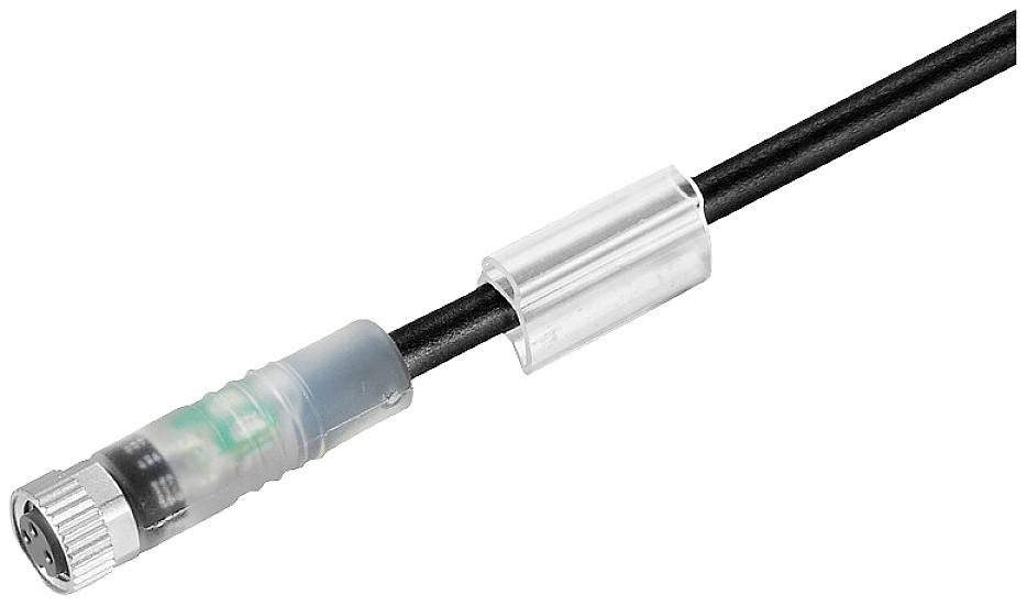 Ein schwarzes Kabel mit einem transparenten Schutzgehäuse und einem silberfarbenen Rundstecker.