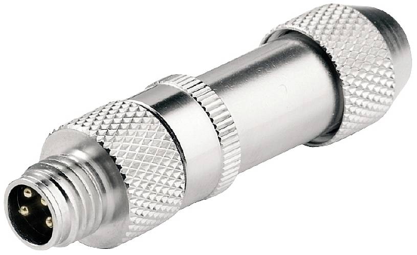 Ein silberner Metallstecker mit mehreren Stiften, gerändelten Rändern und einem zylindrischen Gehäuse, verwendet für elektrische Verbindungen.