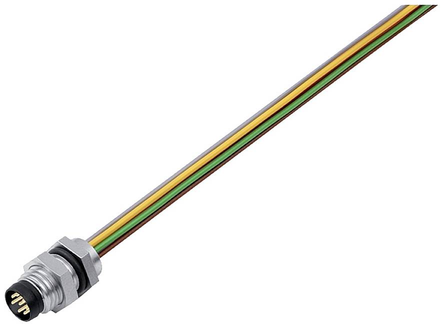 Ein mehrfarbiges Kabel mit einem metallischen Steckverbinder. Das Kabel hat gelbe, grüne, braune und schwarze Drähte.