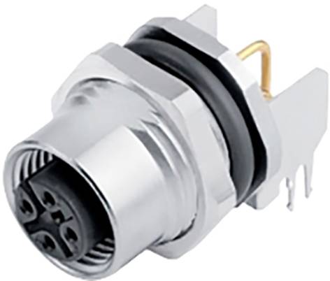 Metallischer Steckverbinder mit mehreren Stiften und einer schwarzen Dichtung, verwendet für elektrische Verbindungen in Geräten.