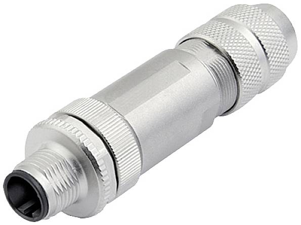 Metallischer Steckverbinder mit geriffelter Oberfläche, zylindrische Form. Wird in industriellen Anwendungen zur Verbindung verwendet.