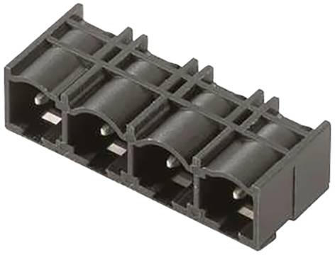Schwarzes, rechteckiges elektrisches Steckverbindergehäuse mit vier parallelen Steckplätzen zur Montage auf einer Platine.
