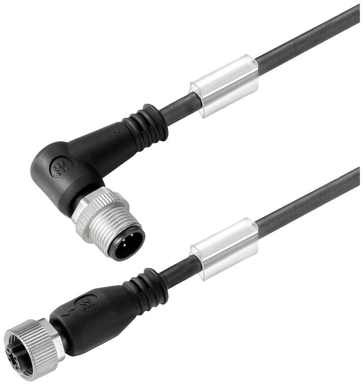 Zwei schwarze Steckverbinder mit angewinkelten Metallenden an einem Kabel. Sie dienen der elektrischen Verbindung und sind robust konstruiert.