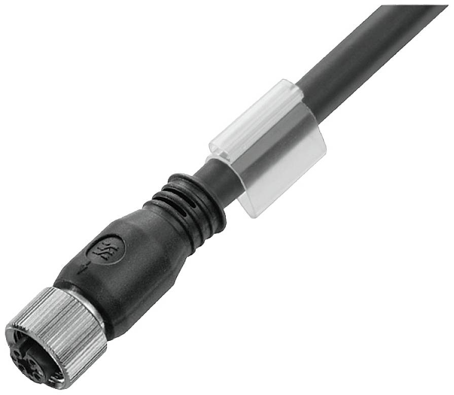 Schwarzes Kabel mit rundem, metallischem Stecker, der ein Rillenmuster aufweist. Ein transparenter Clip ist am Kabel befestigt.
