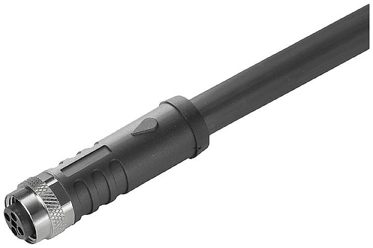 Ein schwarzes Kabel mit einem metallischen Stecker, geeignet für industrielle oder technische Anwendungen.