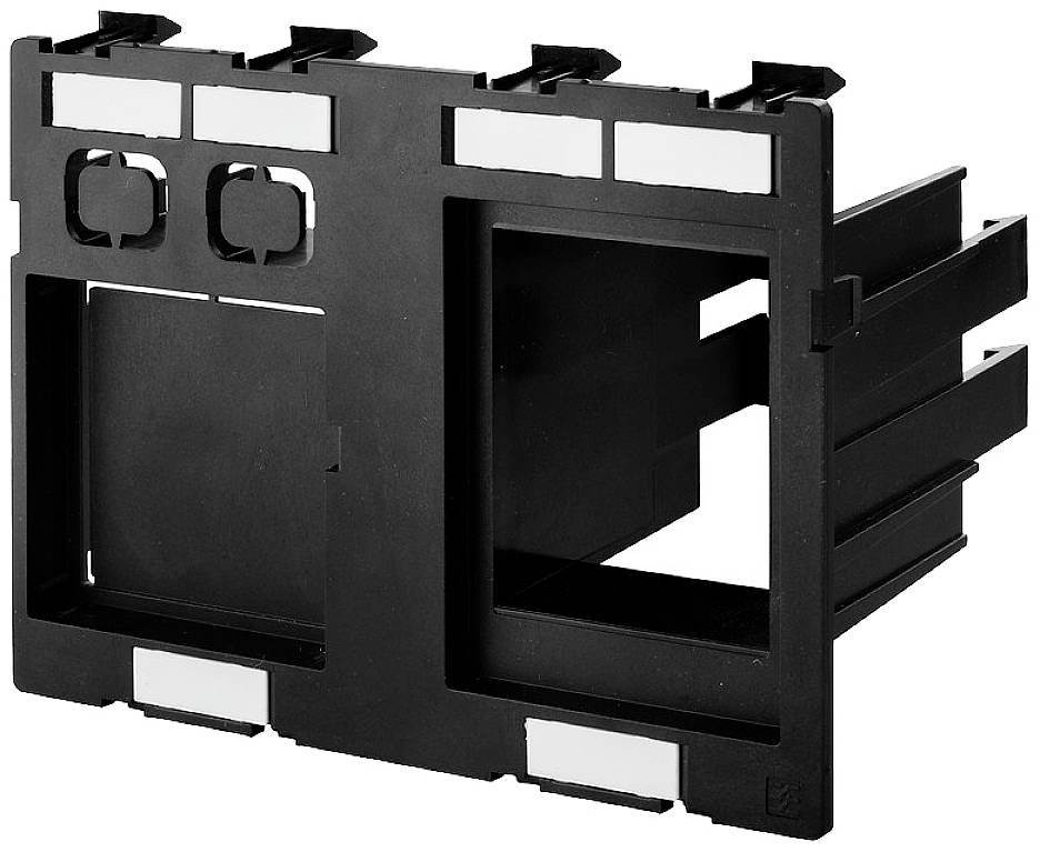 Schwarzer Kunststoffrahmen mit mehreren Aussparungen für elektronische Komponenten, rechteckige Form, vor weißem Hintergrund.
