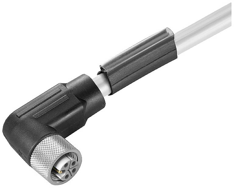 Industrie-Steckverbinder mit Winkel, schwarz, aus Kunststoff und Metall, für Daten- oder Stromverbindungen in Maschinen und Geräten.