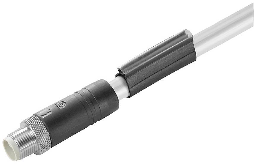 Ein schwarzer M12-Steckverbinder mit geriffeltem Metallgehäuse und angeschlossenem grauen Kabel, das zur Maschinentechnik gehört.