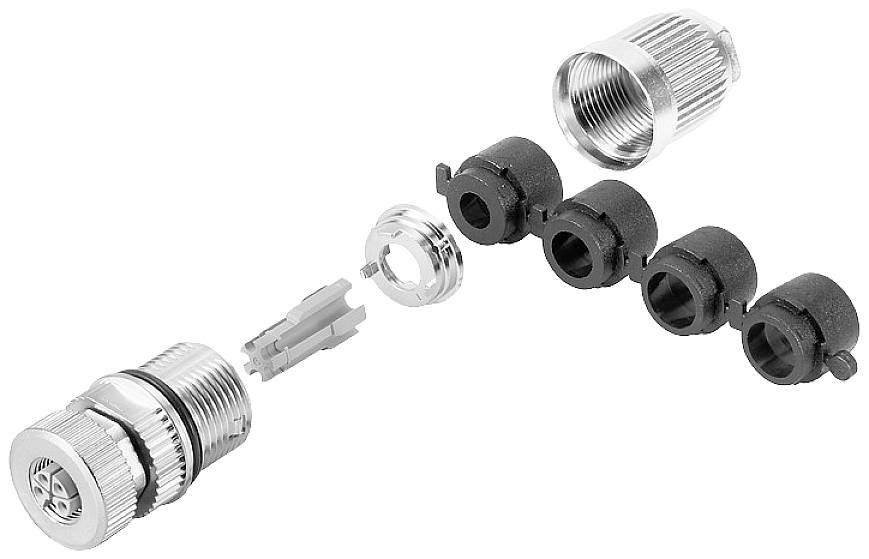 Metallverschraubung mit mehreren Kunststoffeinsätzen und einem Ring, aus Einzelteilen bestehend, zur Befestigung von Kabeln.