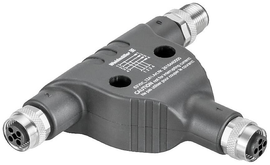 Ein Y-förmiger T-Stecker mit drei Anschlüssen, verwendet für industrielle Verbindungen. Markenname und Warnhinweis sind sichtbar.