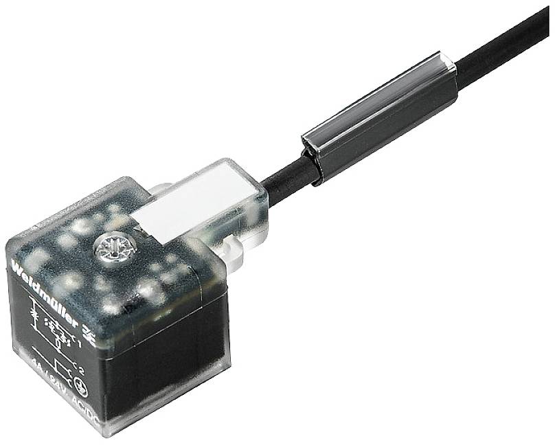 Ein quadratischer elektrischer Steckverbinder mit transparentem Gehäuse und schwarzem Kabel, möglicherweise zur industriellen Anwendung.